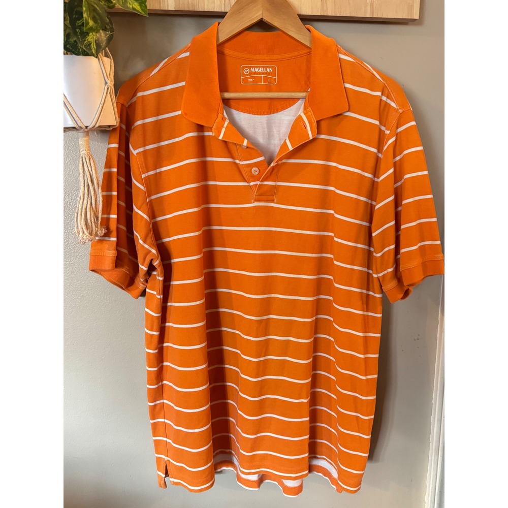 Magellan Outdoors Mens Large Orange White Striped Short Sleeve Polo Shirt